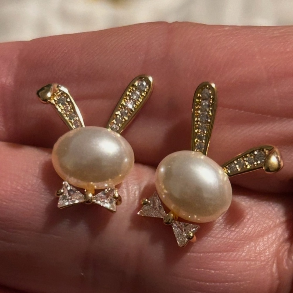 Bunny Rhinestone | Pearl Bougie Ears & Bow Tie Stud Gold Tone Earrings LAST PAIR - Picture 9 of 10